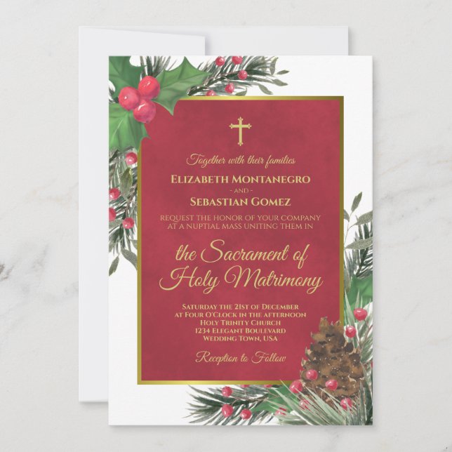Convite Casamento Moderno Católico de Natal Holly & Pine (Frente)