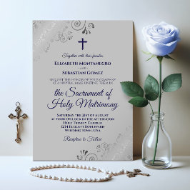 Convite Casamento Moderno Católico Marinho Azul e Cinza El