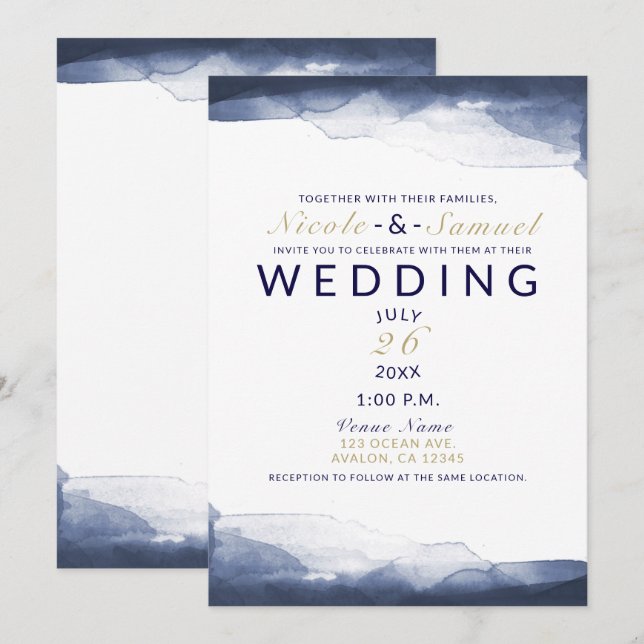 Convite Casamento Moderno Chic Azul Naval Aquarela (Frente/Verso)