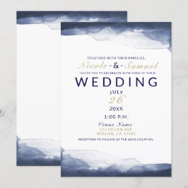 Convite Casamento Moderno Chic Azul Naval Aquarela