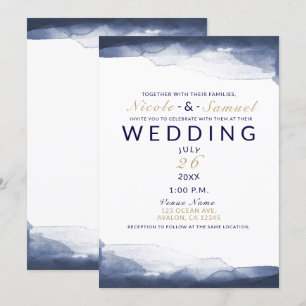 Convite Casamento Moderno Chic Azul Naval Aquarela
