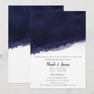 Convite Casamento Moderno Chic Azul Naval Aquarela e Doura