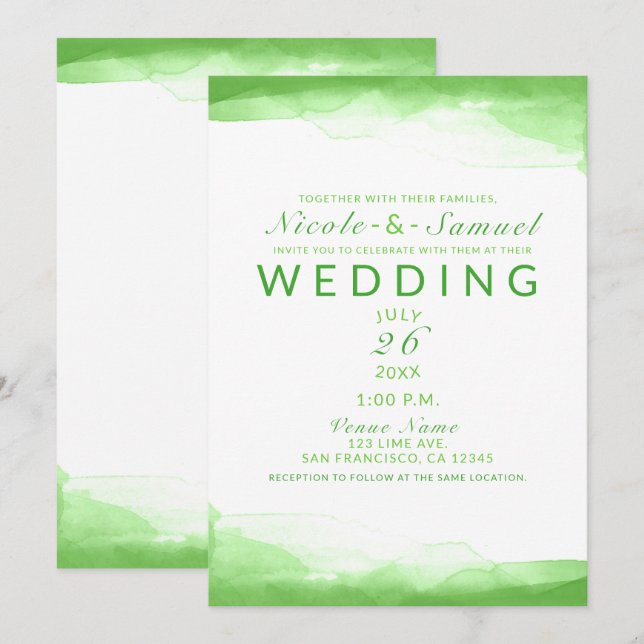 Convite Casamento Moderno Chic com Aquarela em Verde Limão (Frente/Verso)