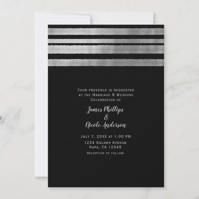 Convite Casamento Moderno Chic Elegante Prata e Preto (Frente)