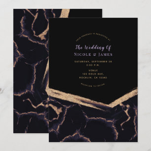 Convite Casamento Moderno Chic Mármore Preto Roxo e Dourad