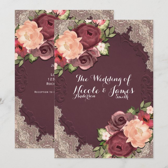 Convite Casamento Moderno Chique de Renda Marrom Elegante  (Frente/Verso)