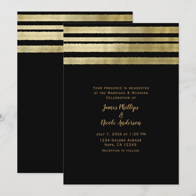 Convite Casamento Moderno Chique Elegante Dourado e Preto (Frente/Verso)