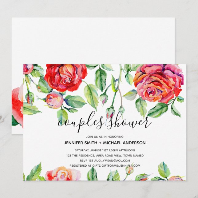 Convite CASAMENTO MODERNO CHUVA DE ROSAS Aquarela Caligraf (Frente/Verso)