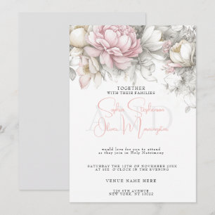 Convite Casamento Moderno Clássico Floral Marfim e Rosa