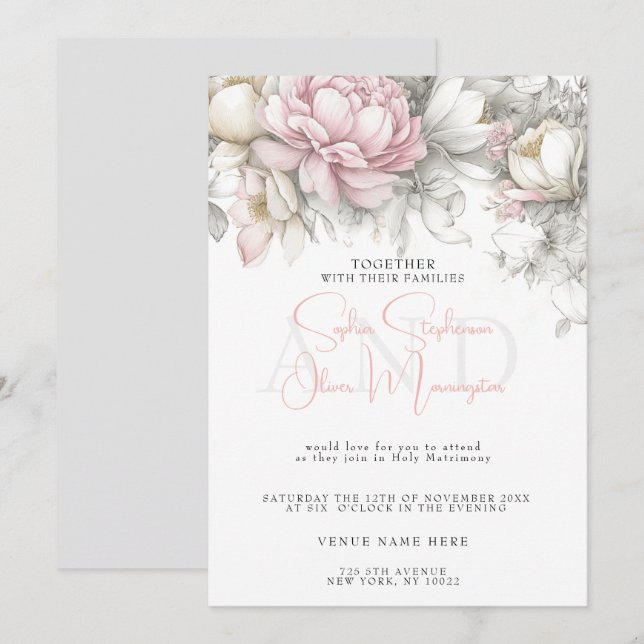 Convite Casamento | Moderno Clássico Floral Marfim e Rosa  (Frente/Verso)