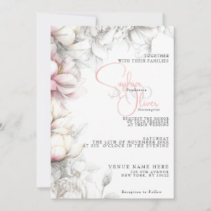Convite Casamento   Moderno Clássico Floral Marfim e Rosa 