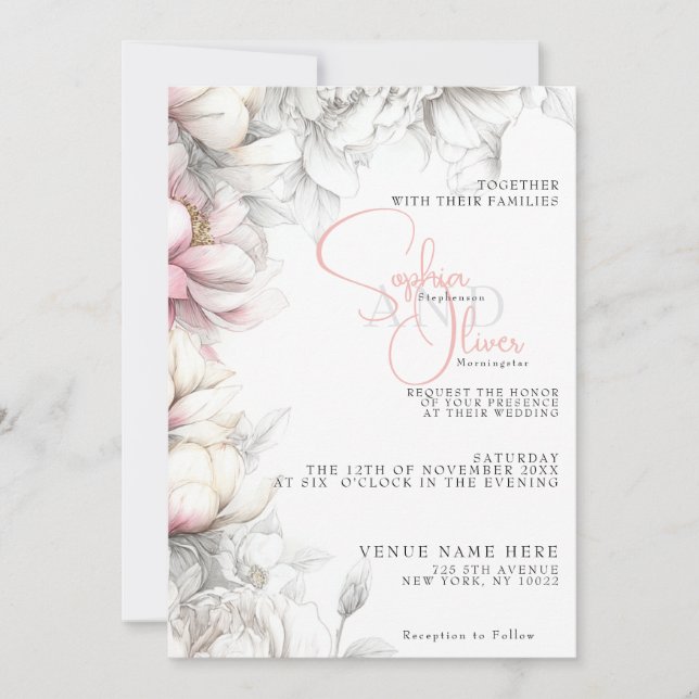 Convite Casamento | Moderno Clássico Floral Marfim e Rosa  (Frente)
