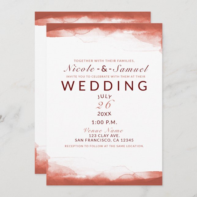 Convite Casamento Moderno Clay Brown Watercolor Chic (Frente/Verso)