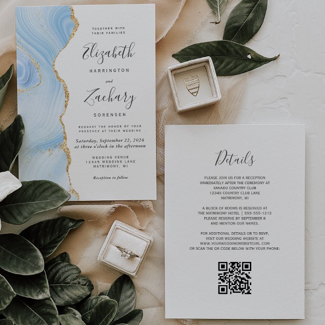 Convite Casamento Moderno Código QR Ágata Azul Bebê Dourad (Criador carregado)