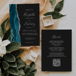 Convite Casamento Moderno Código QR Ágata Azul Escuro Prat