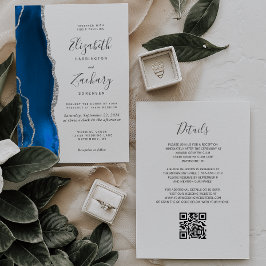 Convite Casamento Moderno Código QR Ágata Azul Real Prata