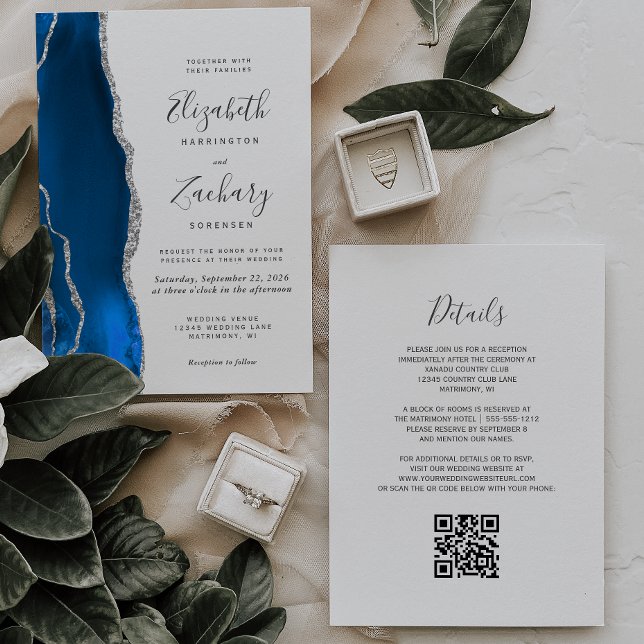 Convite Casamento Moderno Código QR Ágata Azul Real Prata (Criador carregado)