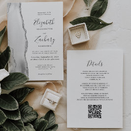 Convite Casamento Moderno Código QR Ágata Prata Cinza Bran