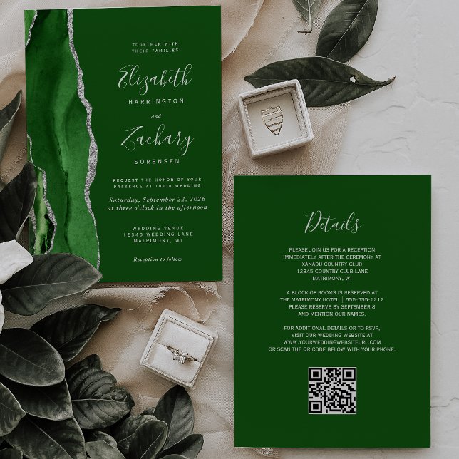 Convite Casamento Moderno Código QR Ágata Prata Verde Caça (Criador carregado)
