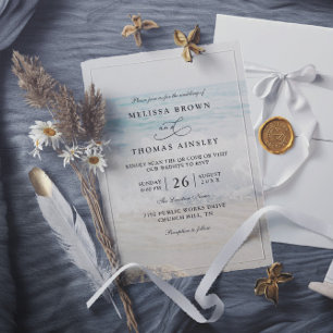 Convite Casamento Moderno Código QR Água Aquática Areia On
