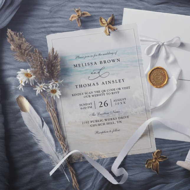 Convite Casamento Moderno Código QR Água Aquática Areia On (Criador carregado)