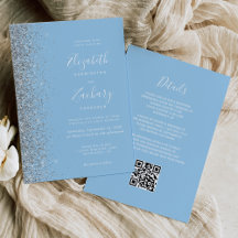 Casamento Moderno Código QR Azul Bebê Brilho Prata