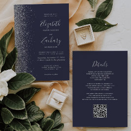 Convite Casamento Moderno Código QR Azul Escuro Brilho Pra
