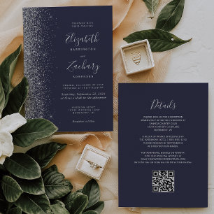 Convite Casamento Moderno Código QR Azul Escuro Brilho Pra