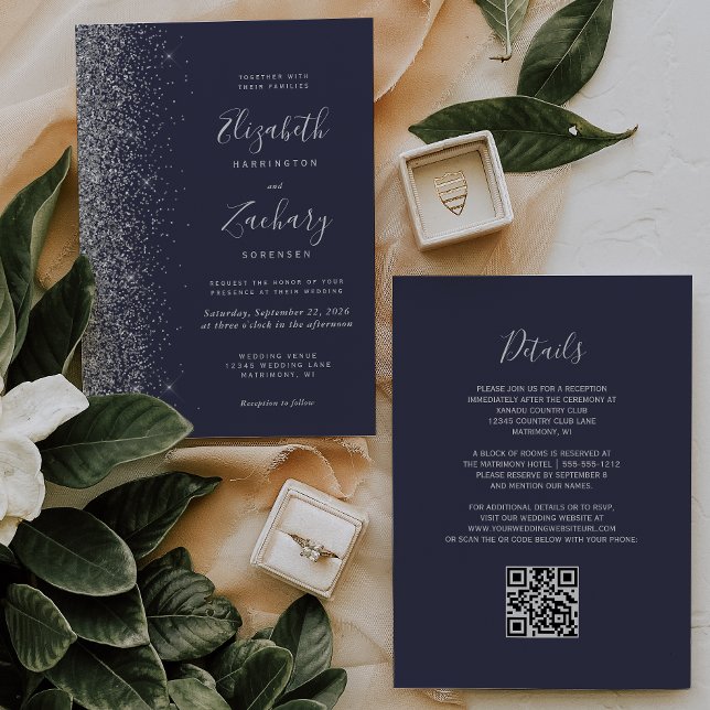 Convite Casamento Moderno Código QR Azul Escuro Brilho Pra (Criador carregado)