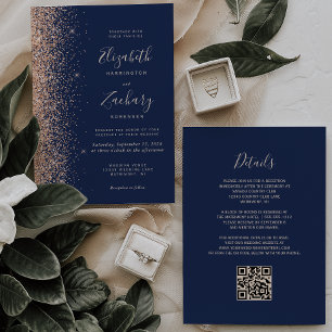 Convite Casamento Moderno Código QR Azul Naval Brilho de P