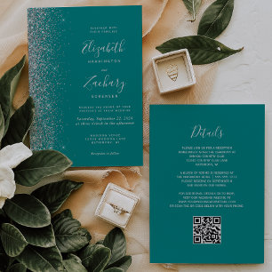 Convite Casamento Moderno Código QR Azul Teal Brilho Prata