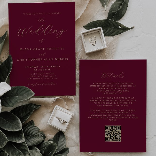 Convite Casamento Moderno Código QR Burgundy Letra Dourada (Criador carregado)