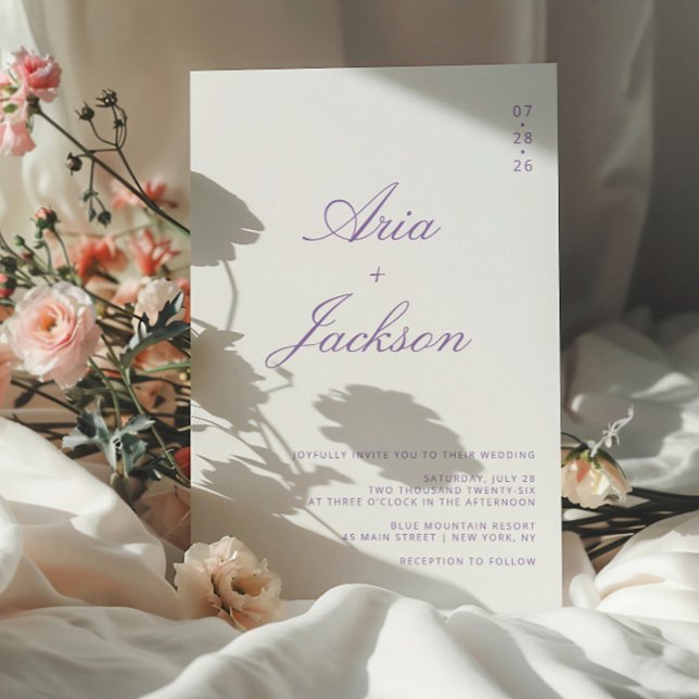 Convite Casamento Moderno Código QR Caligrafia Roxo Lilás (Criador carregado)