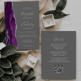 Convite Casamento Moderno Código QR Cinza Ágata Prata Roxo