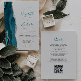 Convite Casamento Moderno Código QR Cinza Ágata Prata Verd