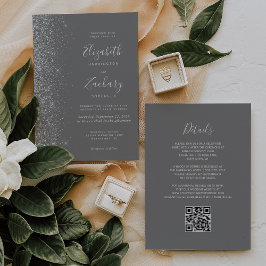 Convite Casamento Moderno Código QR Cinza Brilho Prata