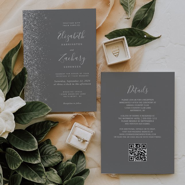 Convite Casamento Moderno Código QR Cinza Brilho Prata (Criador carregado)