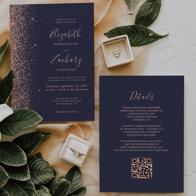 Convite Casamento Moderno Código QR com Brilho em Azul Esc (Criador carregado)