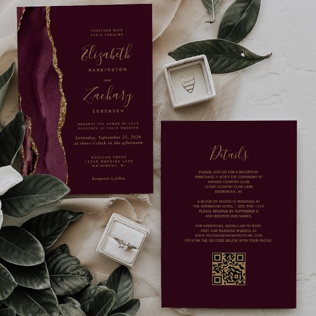 Convite Casamento Moderno Código QR em Ágata Dourada Verme (Criador carregado)