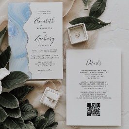 Convite Casamento Moderno Código QR em Ágata Prata Azul Be