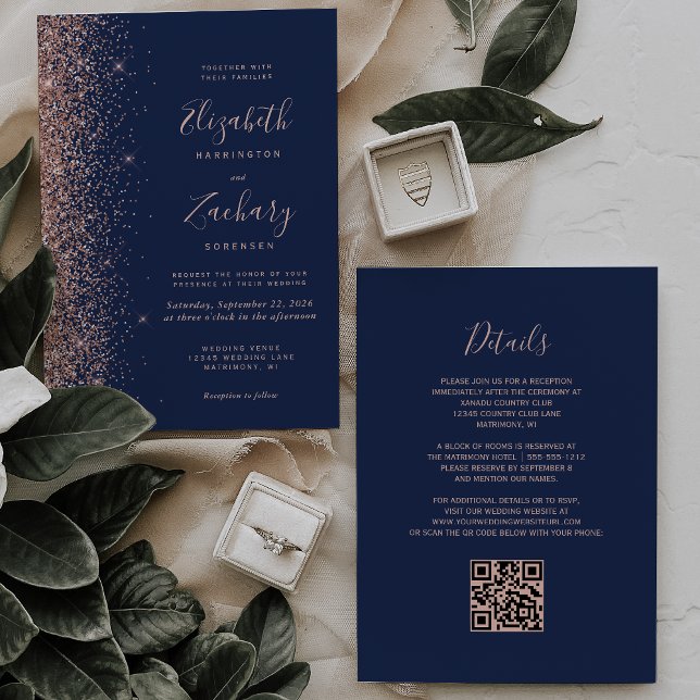 Convite Casamento Moderno Código QR em Azul Navy com Brilh (Criador carregado)