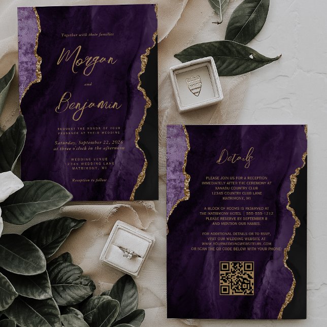 Convite Casamento Moderno Código QR em Script Ágata Roxa (Criador carregado)