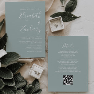 Convite Casamento Moderno Código QR em Verde Vidro do Mar