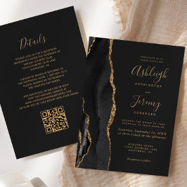 Convite Casamento Moderno Código QR Escuro Ágata Dourada P