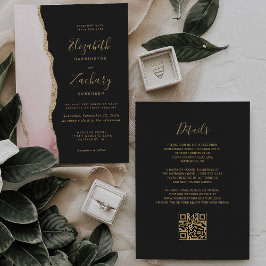 Convite Casamento Moderno Código QR Escuro Ágata Dourada R
