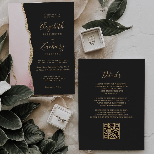 Convite Casamento Moderno Código QR Escuro Ágata Dourada R (Criador carregado)