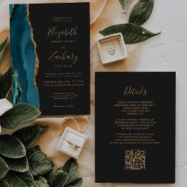 Convite Casamento Moderno Código QR Escuro Ágata Dourada V