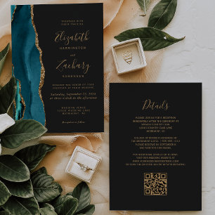 Convite Casamento Moderno Código QR Escuro Ágata Dourada V