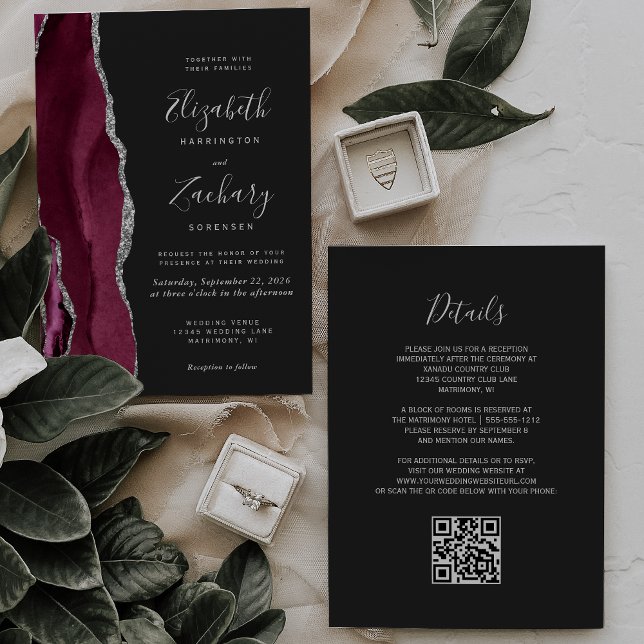 Convite Casamento Moderno Código QR Escuro em Ágata Prata  (Criador carregado)