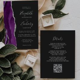 Convite Casamento Moderno Código QR Escuro em Prata e Ágat